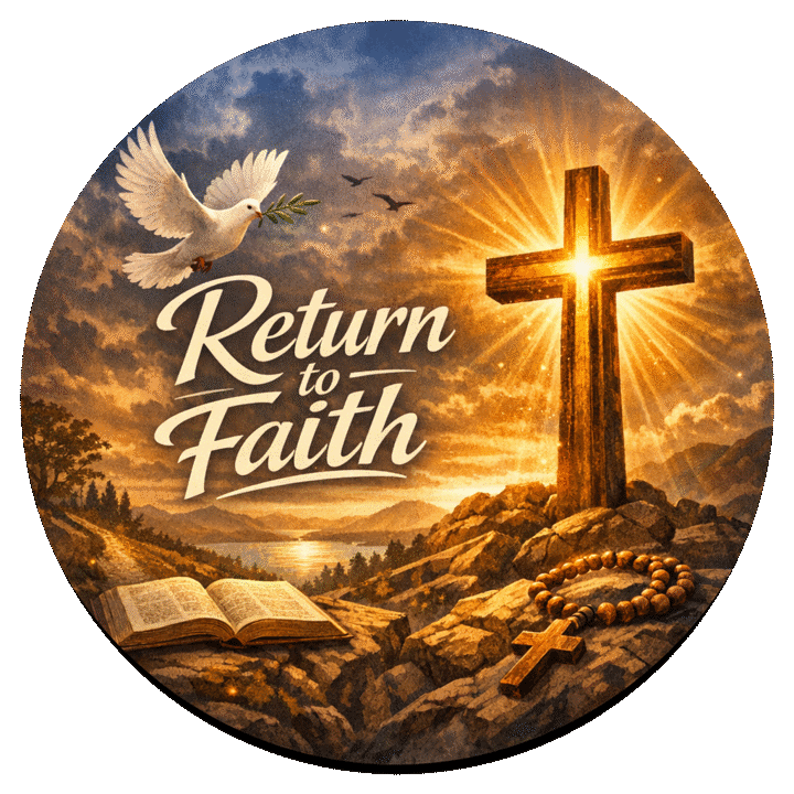 Return to Faith emblem — a lit cross above an open Bible at sunrise
